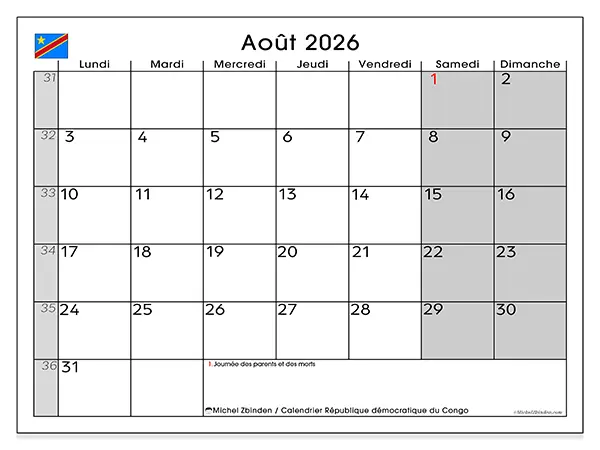 Calendrier août 2026 à imprimer - République démocratique du Congo