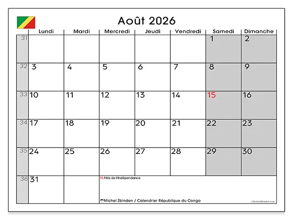 Calendrier août 2026 à imprimer - République du Congo