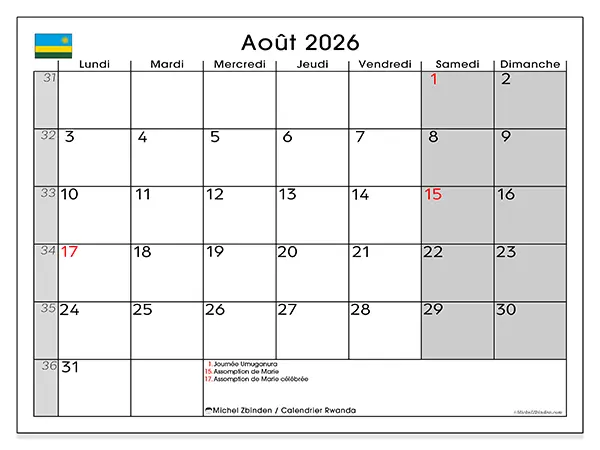 Calendrier août 2026 à imprimer - Rwanda
