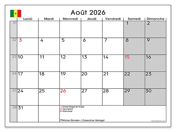 Calendrier août 2026 à imprimer - Sénégal