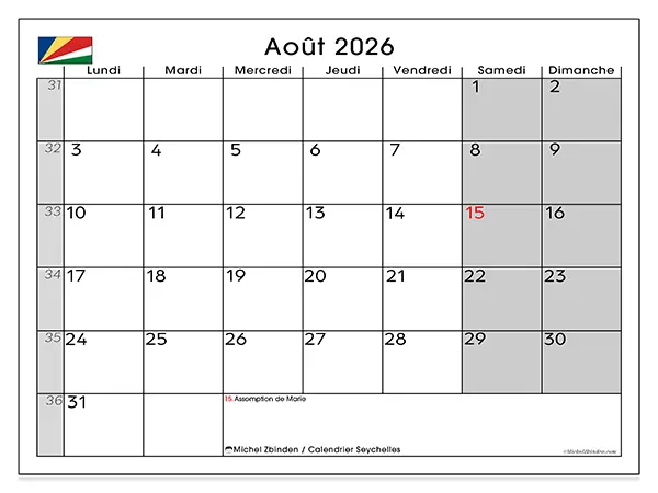 Calendrier août 2026 à imprimer - Seychelles