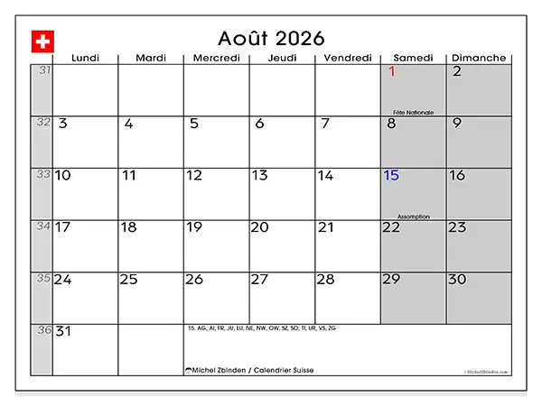 Calendrier août 2026 à imprimer - Suisse