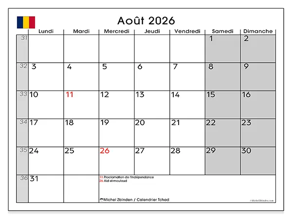 Calendrier août 2026 à imprimer - Tchad