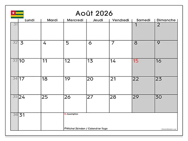 Calendrier août 2026 à imprimer - Togo
