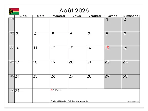 Calendrier août 2026 à imprimer - Vanuatu