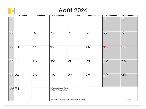 Calendrier août 2026 à imprimer - Vatican