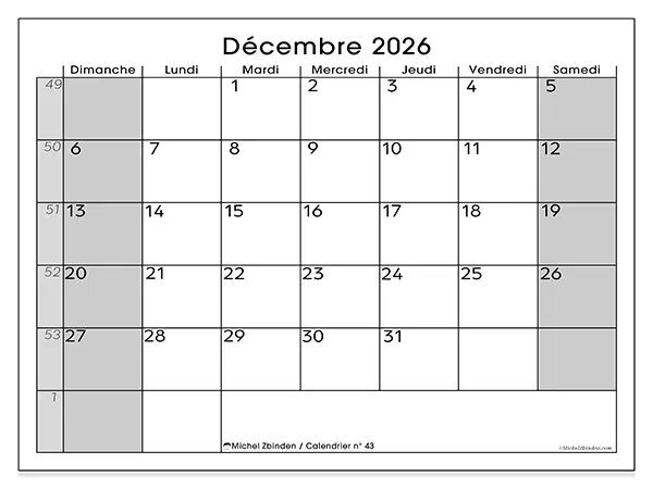 Calendrier décembre 2026 à imprimer - Organisation parfaite - Semaine du dimanche au samedi