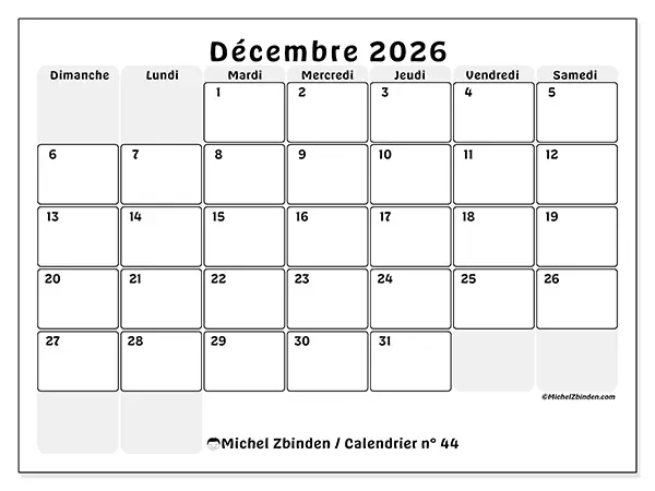 Calendrier décembre 2026 à imprimer - Planning structuré - Semaine du dimanche au samedi