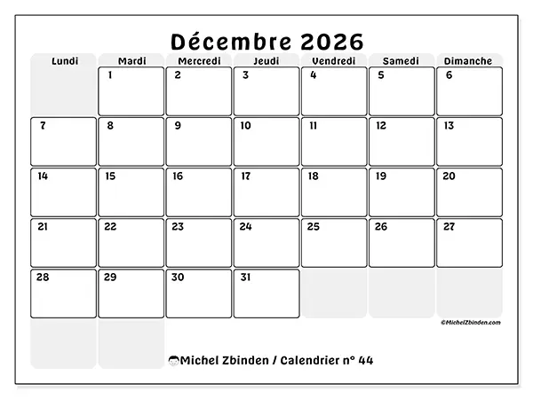 Calendrier décembre 2026 à imprimer - Planning structuré