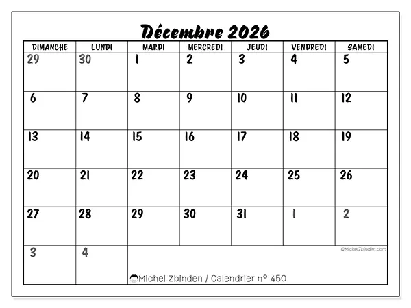 Calendrier décembre 2026 à imprimer - Organisation détaillée - Semaine du dimanche au samedi