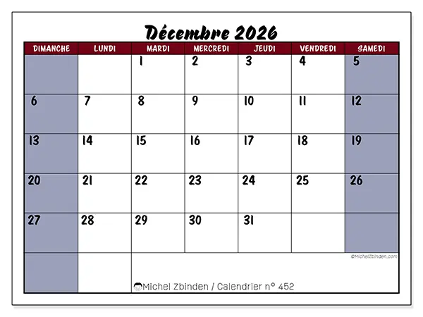 Calendrier décembre 2026 à imprimer - Productivité en couleur - Semaine du dimanche au samedi
