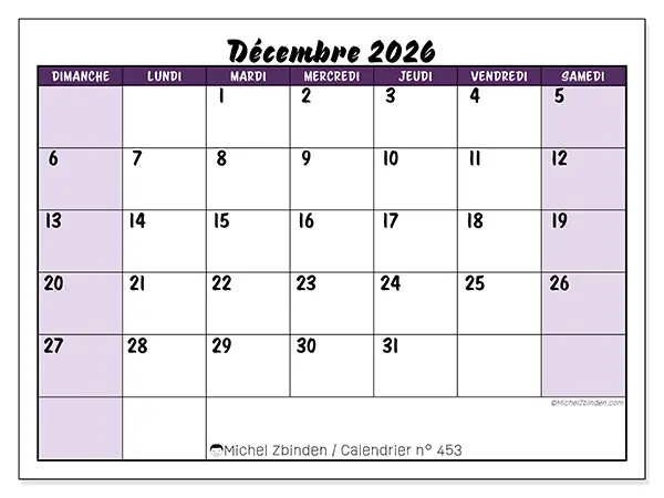 Calendrier décembre 2026 à imprimer - Efficacité colorée - Semaine du dimanche au samedi