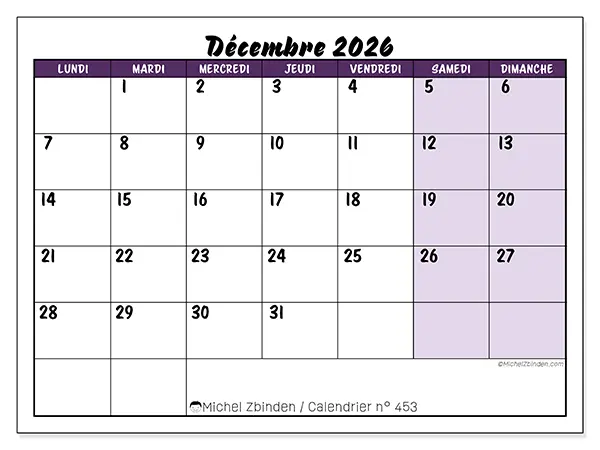 Calendrier décembre 2026 à imprimer - Efficacité colorée