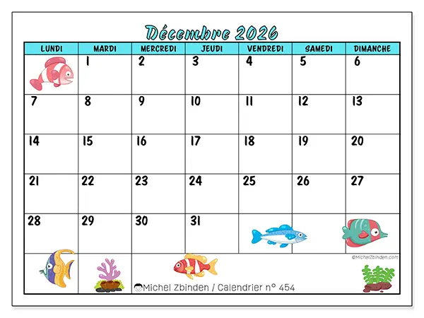 Calendrier décembre 2026 à imprimer - Poissons colorés