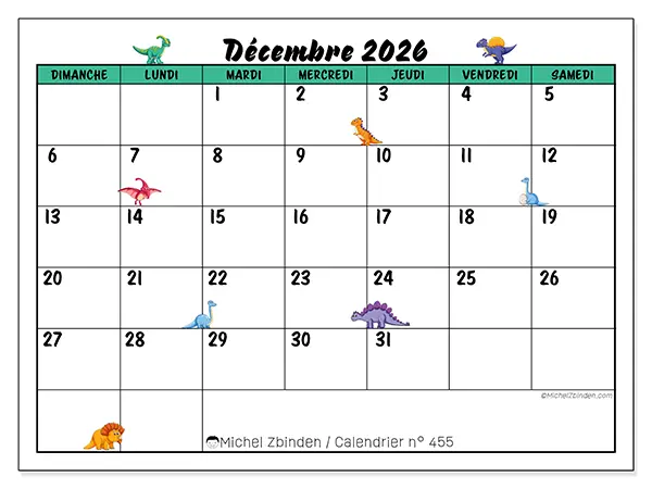 Calendrier décembre 2026 à imprimer - Petits dinosaures - Semaine du dimanche au samedi