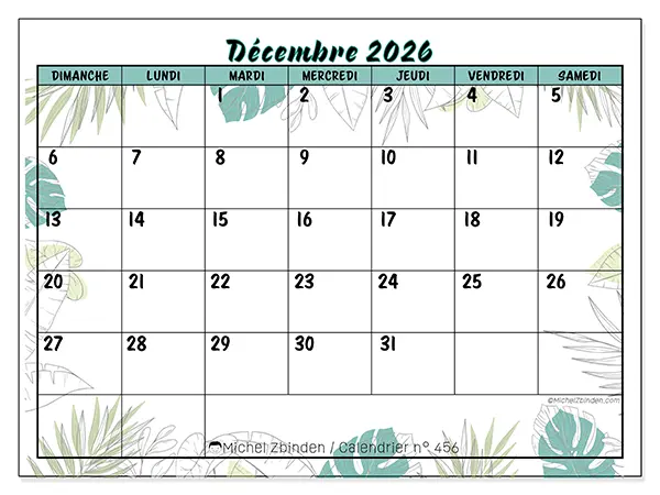 Calendrier décembre 2026 à imprimer - Nature et jardin - Semaine du dimanche au samedi