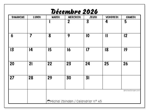 Calendrier décembre 2026 à imprimer - Réussite scolaire - Semaine du dimanche au samedi