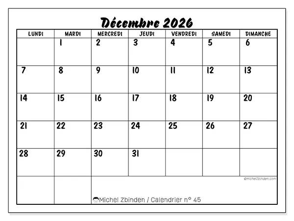 Calendrier décembre 2026 à imprimer - Réussite scolaire