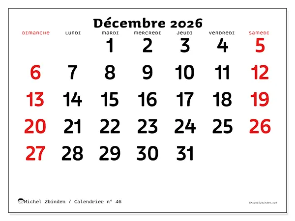 Calendrier décembre 2026 à imprimer - Vision claire - Semaine du dimanche au samedi