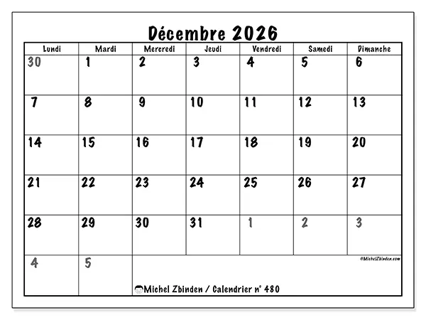 Calendrier décembre 2026 à imprimer - Planification complète