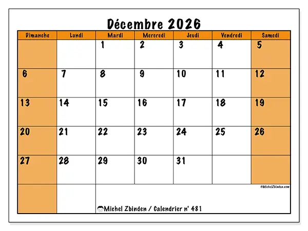 Calendrier décembre 2026 à imprimer - Planning dynamique - Semaine du dimanche au samedi