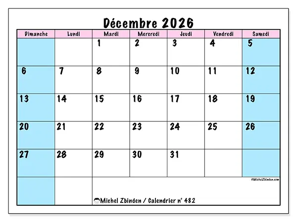 Calendrier décembre 2026 à imprimer - Horaire d’équipe - Semaine du dimanche au samedi