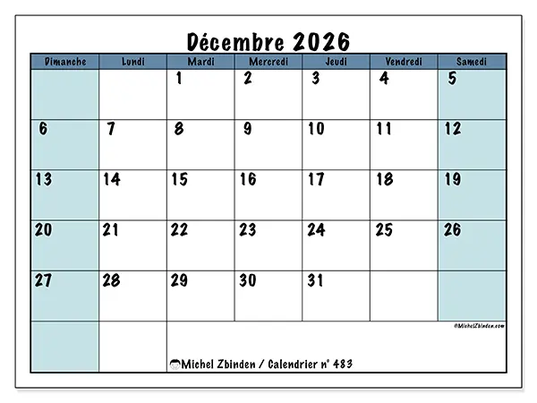 Calendrier décembre 2026 à imprimer - Structuré pour l’école - Semaine du dimanche au samedi