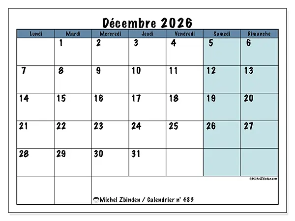 Calendrier décembre 2026 à imprimer - Structuré pour l’école
