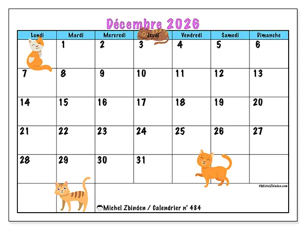 Calendrier décembre 2026 à imprimer - Amour des chats