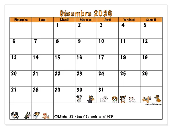 Calendrier décembre 2026 à imprimer - Chiens enthousiastes - Semaine du dimanche au samedi