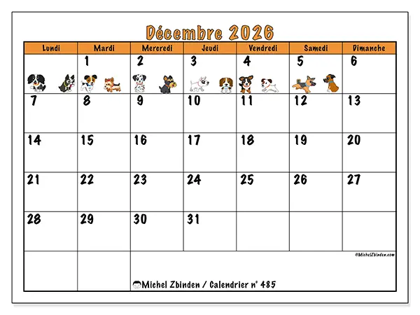 Calendrier décembre 2026 à imprimer - Chiens enthousiastes