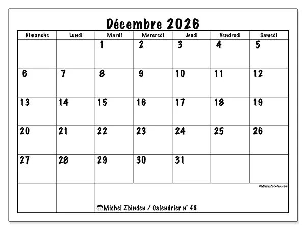 Calendrier décembre 2026 à imprimer - Efficacité quotidienne - Semaine du dimanche au samedi