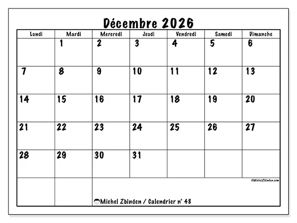 Calendrier décembre 2026 à imprimer - Efficacité quotidienne