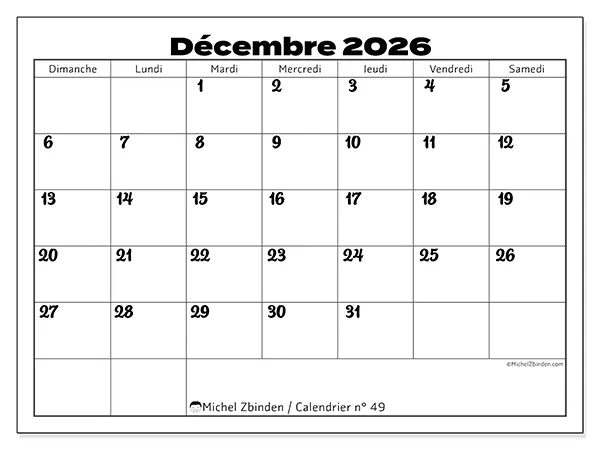 Calendrier décembre 2026 à imprimer - Coordination productive - Semaine du dimanche au samedi