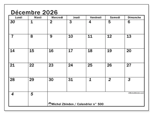 Calendrier décembre 2026 à imprimer - Planning intensif