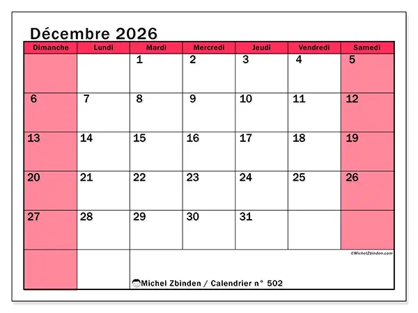 Calendrier décembre 2026 à imprimer - Gestion lumineuse - Semaine du dimanche au samedi