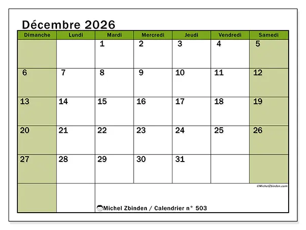 Calendrier décembre 2026 à imprimer - Organisation vivante - Semaine du dimanche au samedi