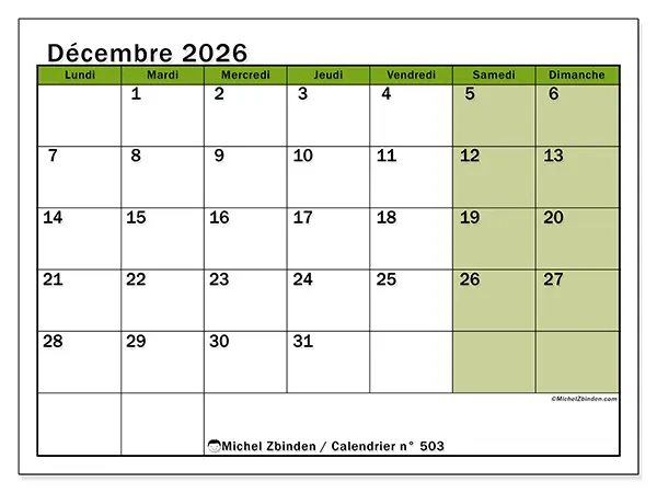 Calendrier décembre 2026 à imprimer - Organisation vivante