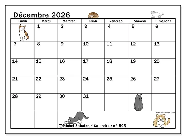 Calendrier décembre 2026 à imprimer - Vie de chat