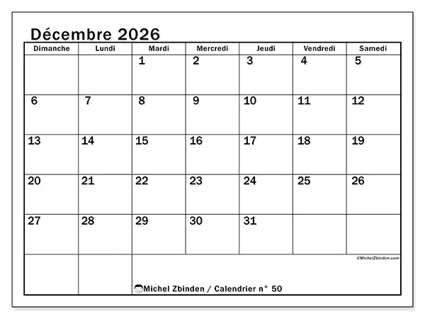 Calendrier décembre 2026 à imprimer - Planification optimale - Semaine du dimanche au samedi