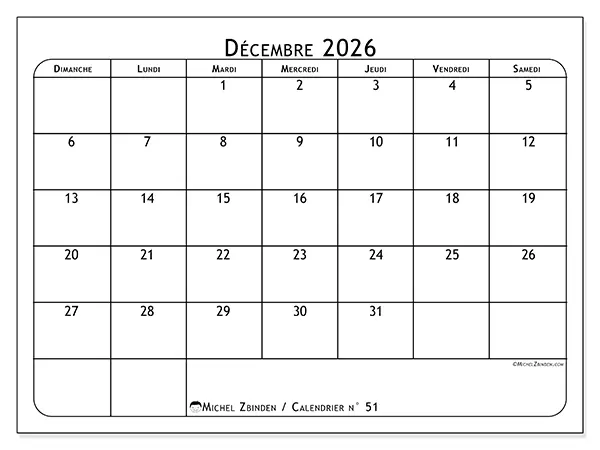 Calendrier décembre 2026 à imprimer - Programme des repas - Semaine du dimanche au samedi