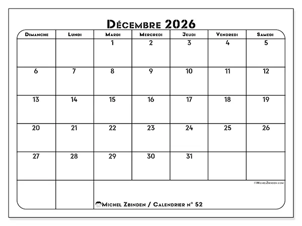Calendrier décembre 2026 à imprimer - Organisation professionnelle - Semaine du dimanche au samedi