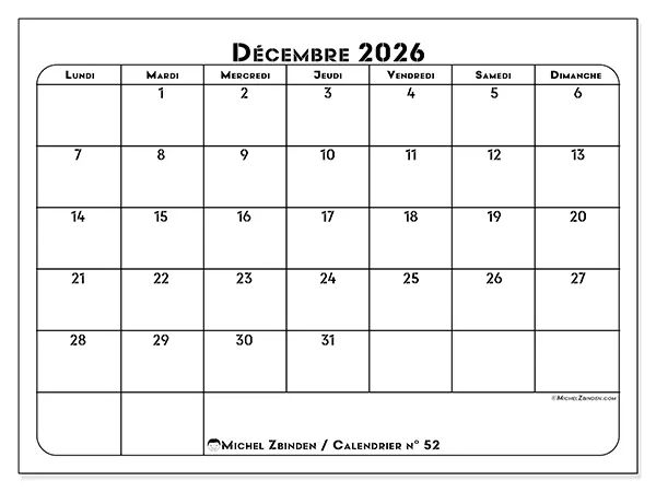 Calendrier décembre 2026 à imprimer - Organisation professionnelle