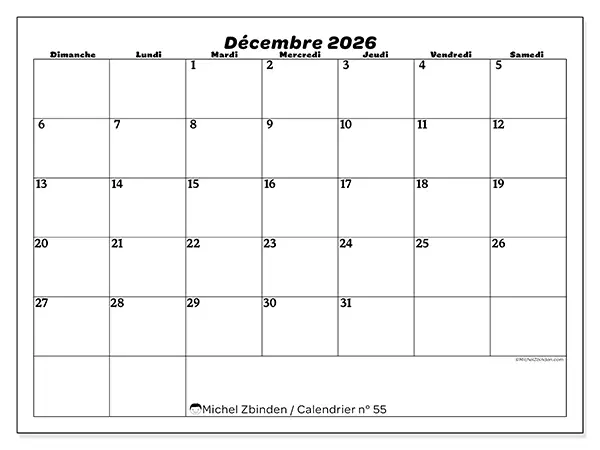 Calendrier décembre 2026 à imprimer - Organisation des loisirs - Semaine du dimanche au samedi