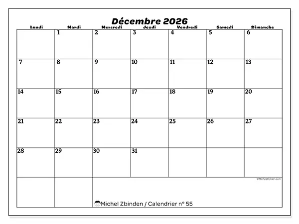 Calendrier décembre 2026 à imprimer - Organisation des loisirs
