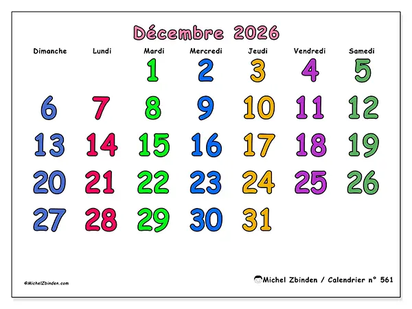 Calendrier décembre 2026 à imprimer - Moments créatifs - Semaine du dimanche au samedi