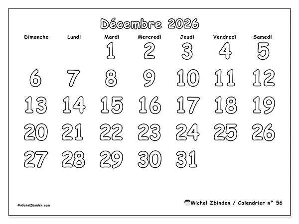 Calendrier décembre 2026 à imprimer - Coloriage utile - Semaine du dimanche au samedi