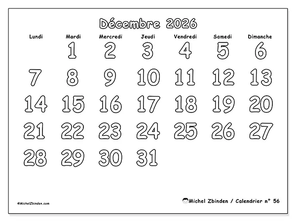 Calendrier décembre 2026 à imprimer - Coloriage utile