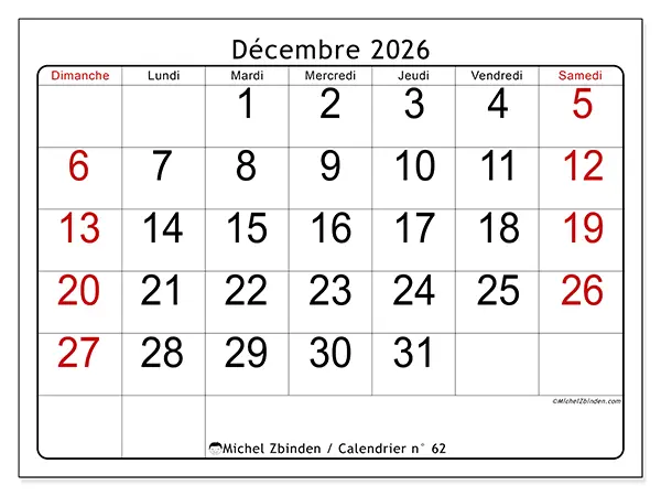 Calendrier décembre 2026 à imprimer - Lecture rapide - Semaine du dimanche au samedi