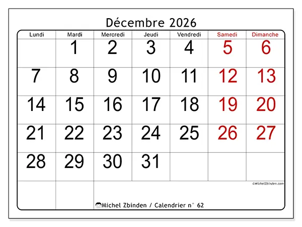 Calendrier décembre 2026 à imprimer - Lecture rapide